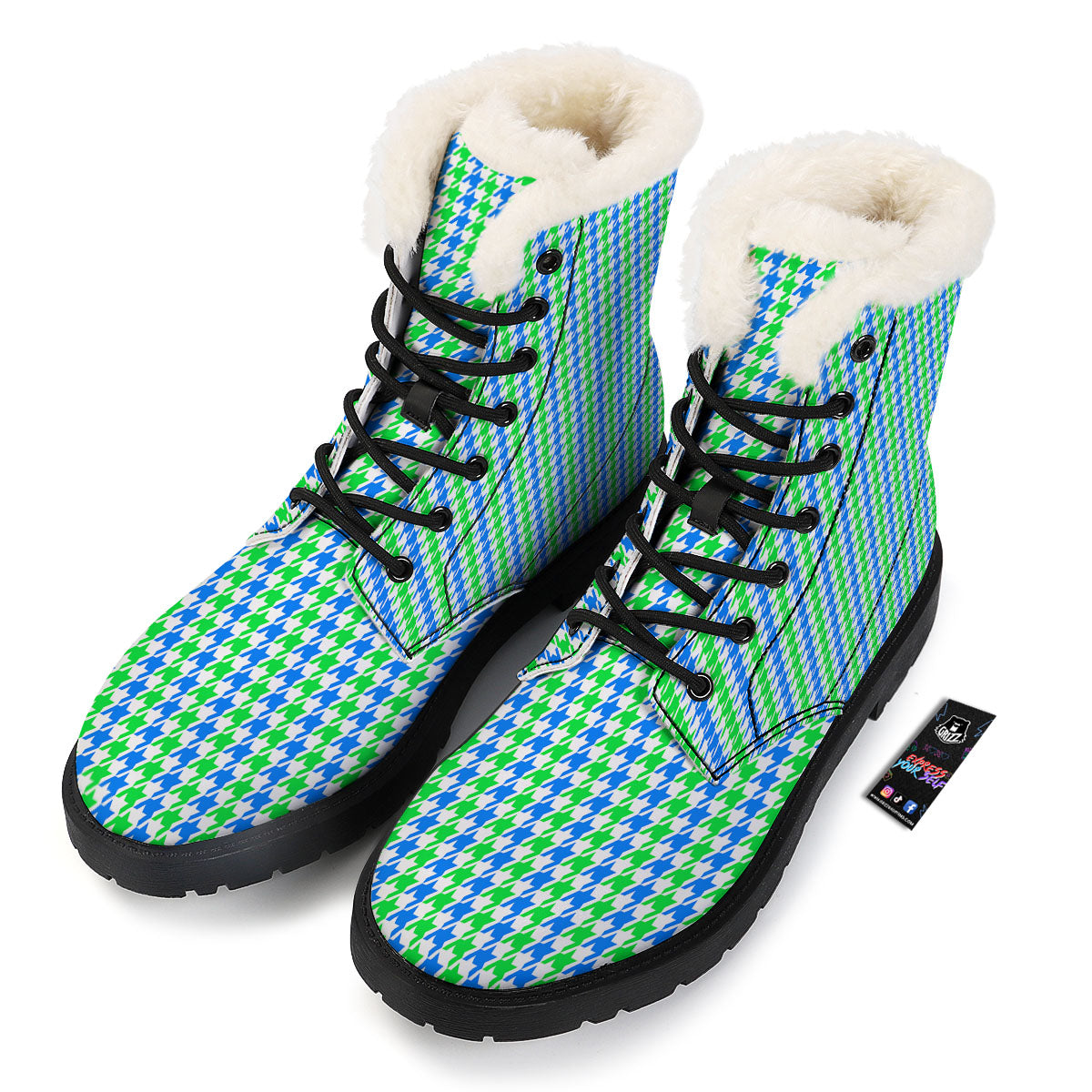 Green Blue And White Houndstooth Print Winter Boots-grizzshop