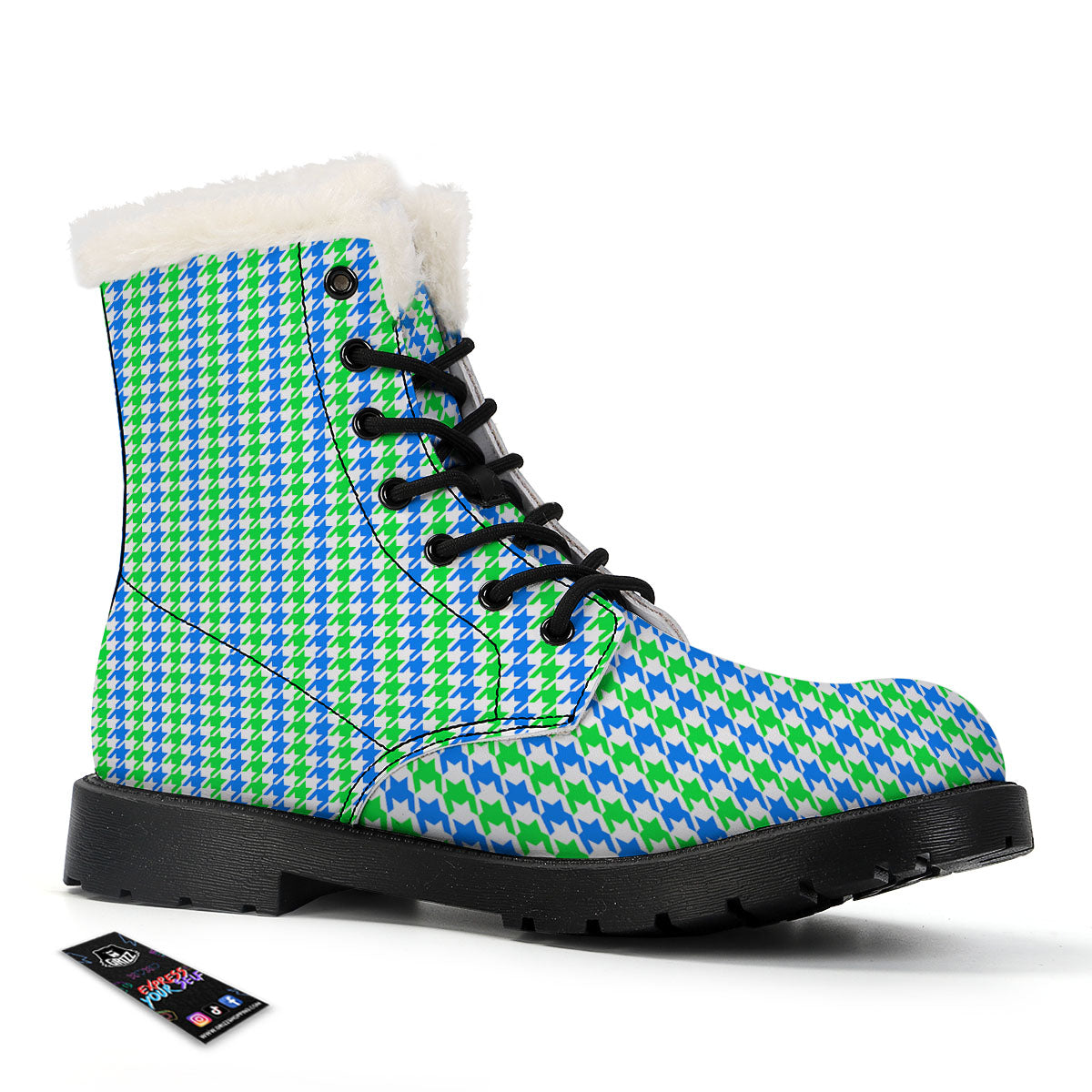 Green Blue And White Houndstooth Print Winter Boots-grizzshop