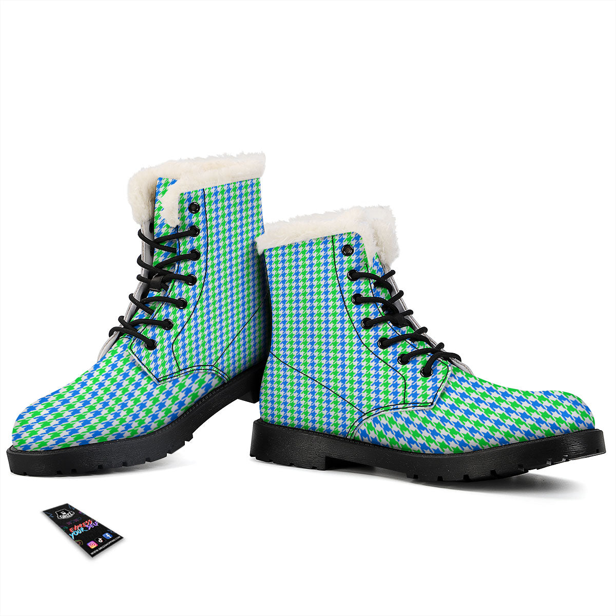Green Blue And White Houndstooth Print Winter Boots-grizzshop