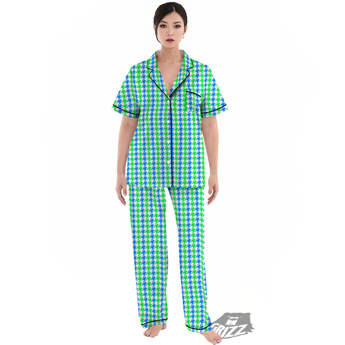 Green Blue And White Houndstooth Print Women's Pajamas Set-grizzshop