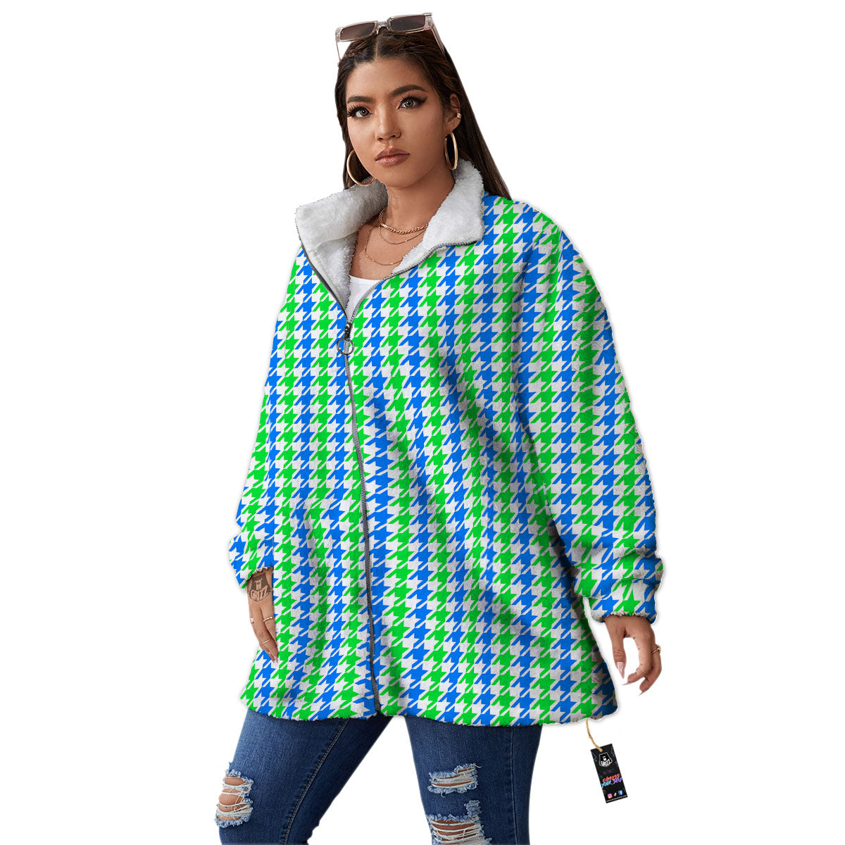 Green Blue And White Houndstooth Print Women's Sherpa Jacket-grizzshop