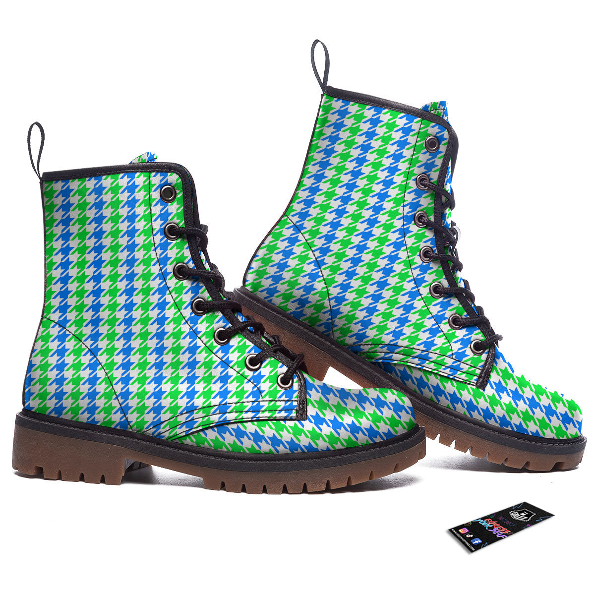 Green Blue And White Houndstooth Print Work Boots-grizzshop