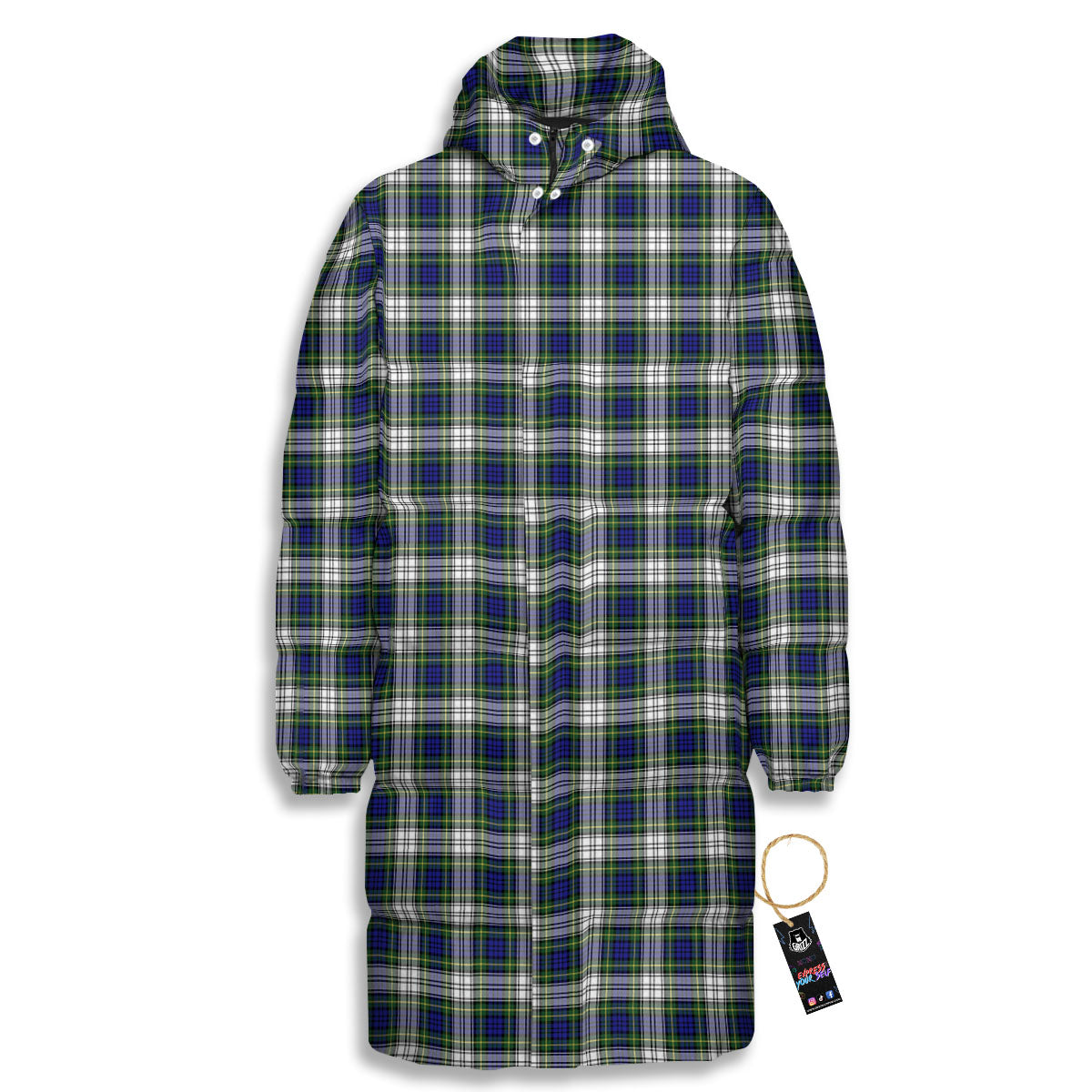Green Blue And White Plaid Print Pattern Long Down Jacket-grizzshop
