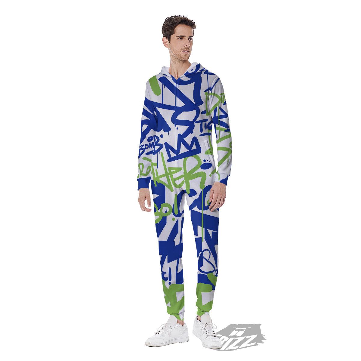 Green Blue Urban Graffiti Text Print Pattern Men's Jumpsuit-grizzshop