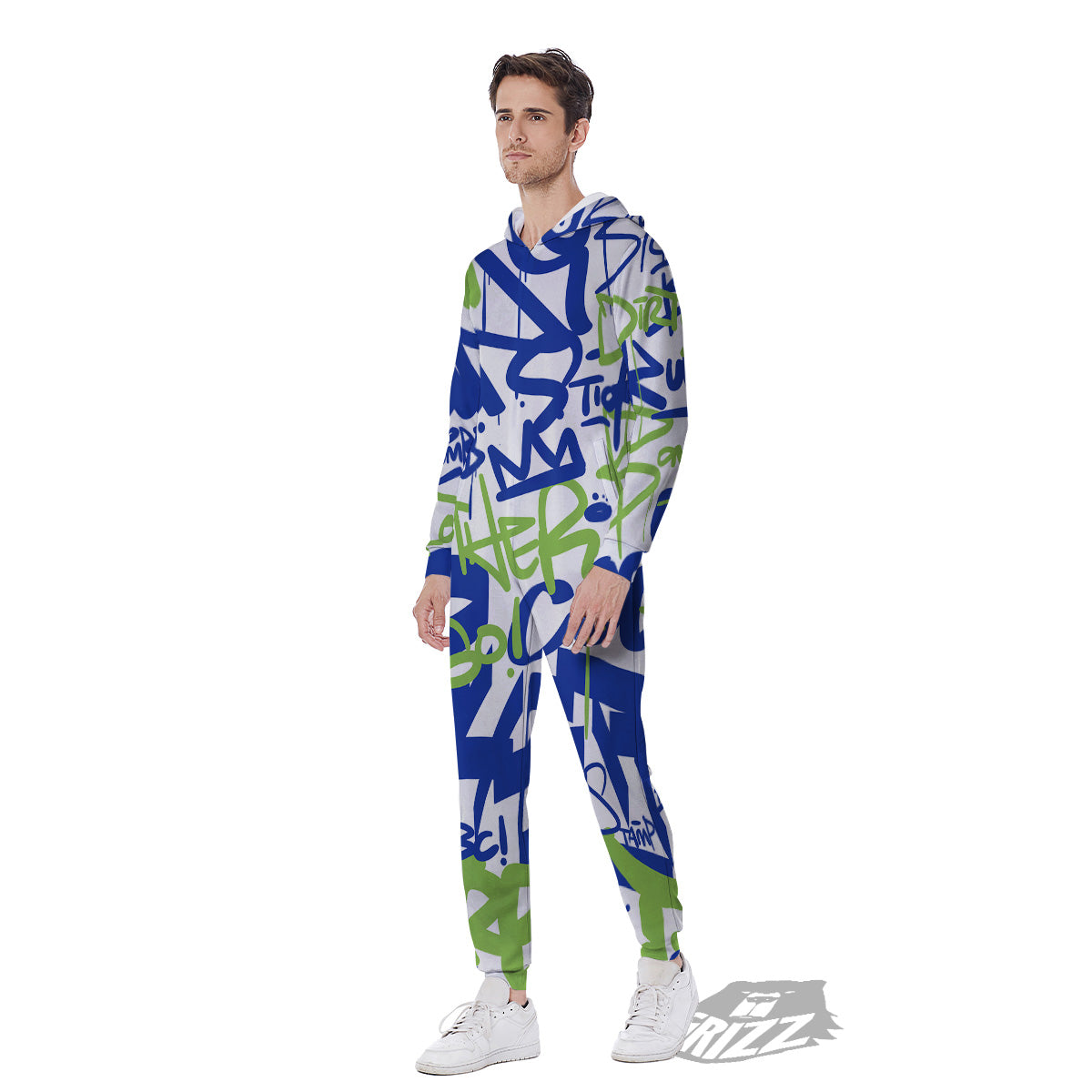 Green Blue Urban Graffiti Text Print Pattern Men's Jumpsuit-grizzshop
