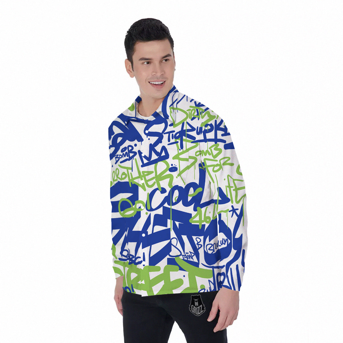Green Blue Urban Graffiti Text Print Pattern Men's Long Sleeve Shirts-grizzshop