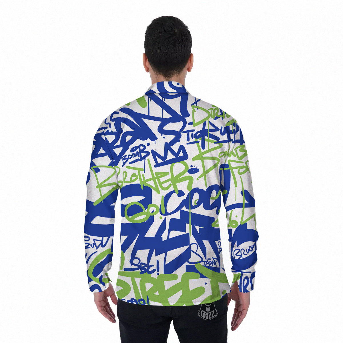 Green Blue Urban Graffiti Text Print Pattern Men's Long Sleeve Shirts-grizzshop