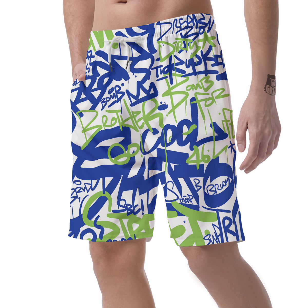 Green Blue Urban Graffiti Text Print Pattern Men's Shorts-grizzshop