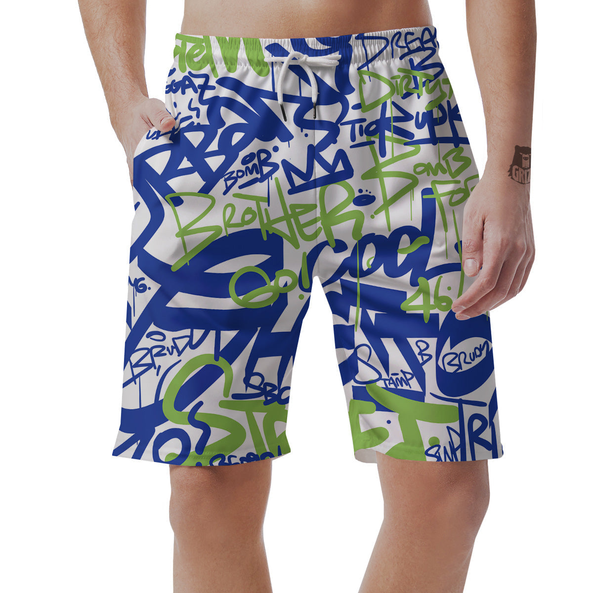 Green Blue Urban Graffiti Text Print Pattern Men's Shorts-grizzshop