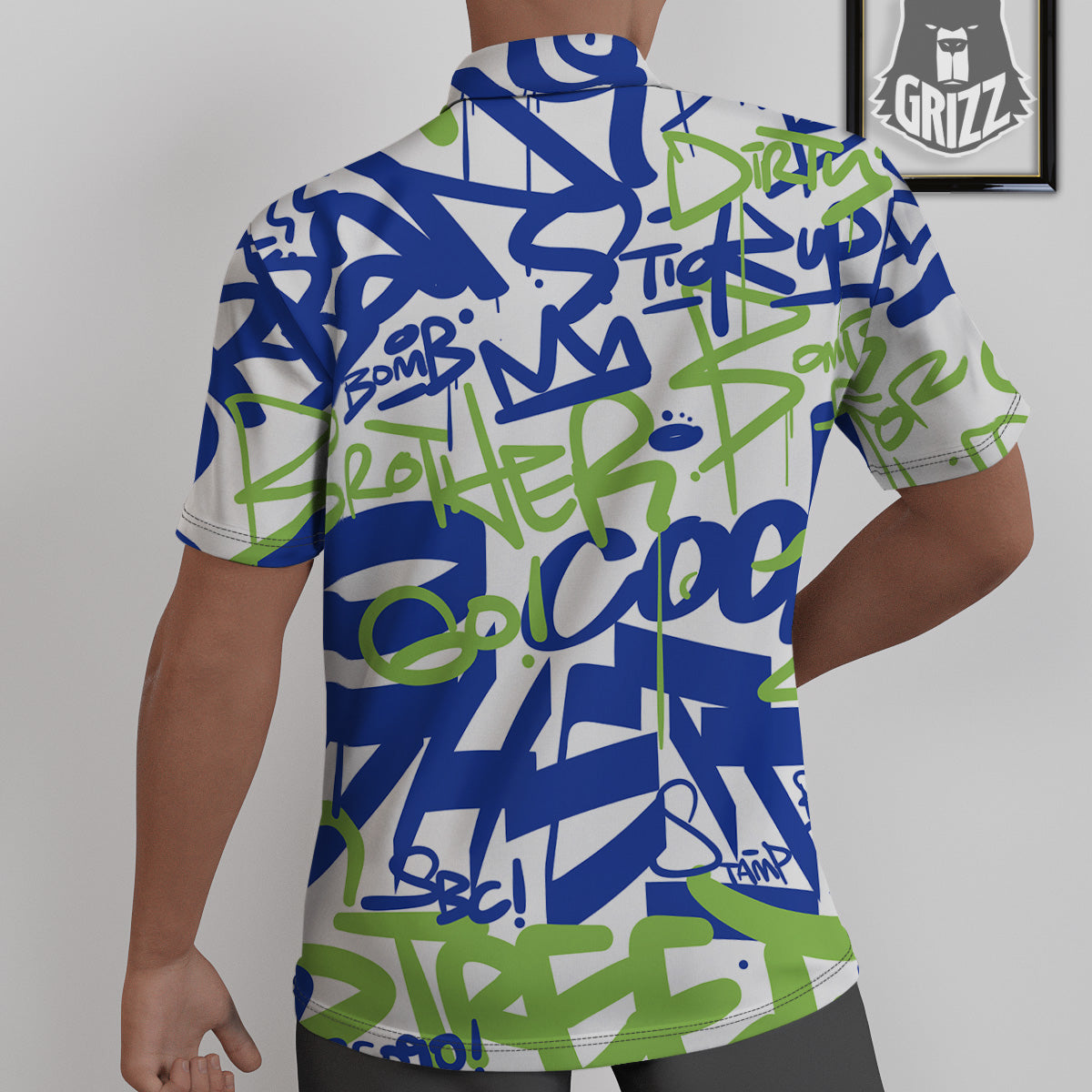 Green Blue Urban Graffiti Text Print Pattern Untucked Shirts-grizzshop