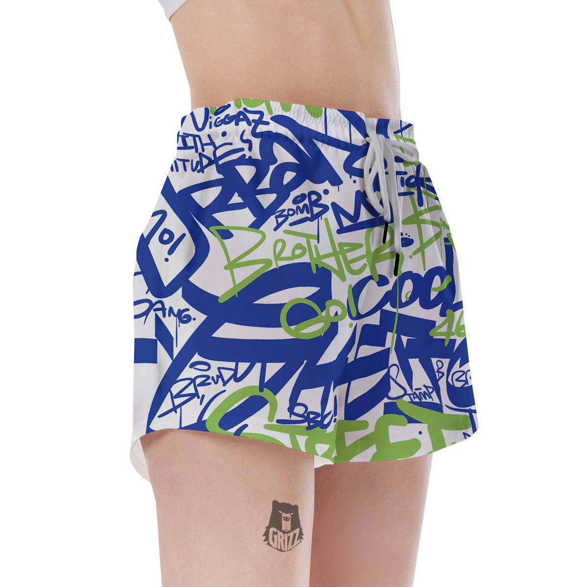 Green Blue Urban Graffiti Text Print Pattern Women's Shorts-grizzshop
