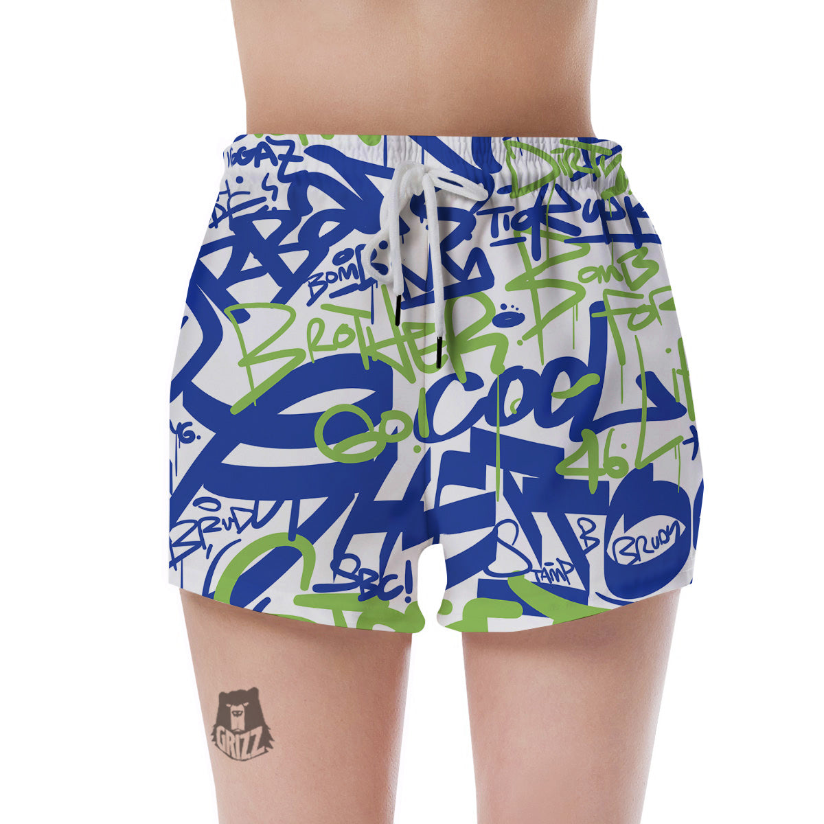 Green Blue Urban Graffiti Text Print Pattern Women's Shorts-grizzshop
