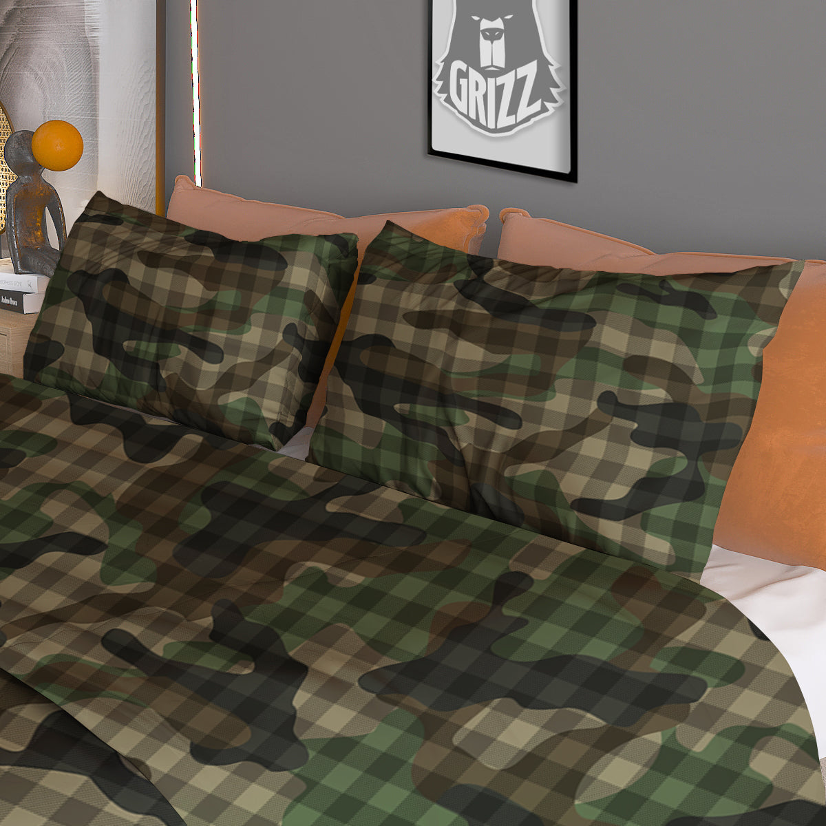 Green Camouflage Army Plaid Print Pattern Duvet Cover Bedding Set