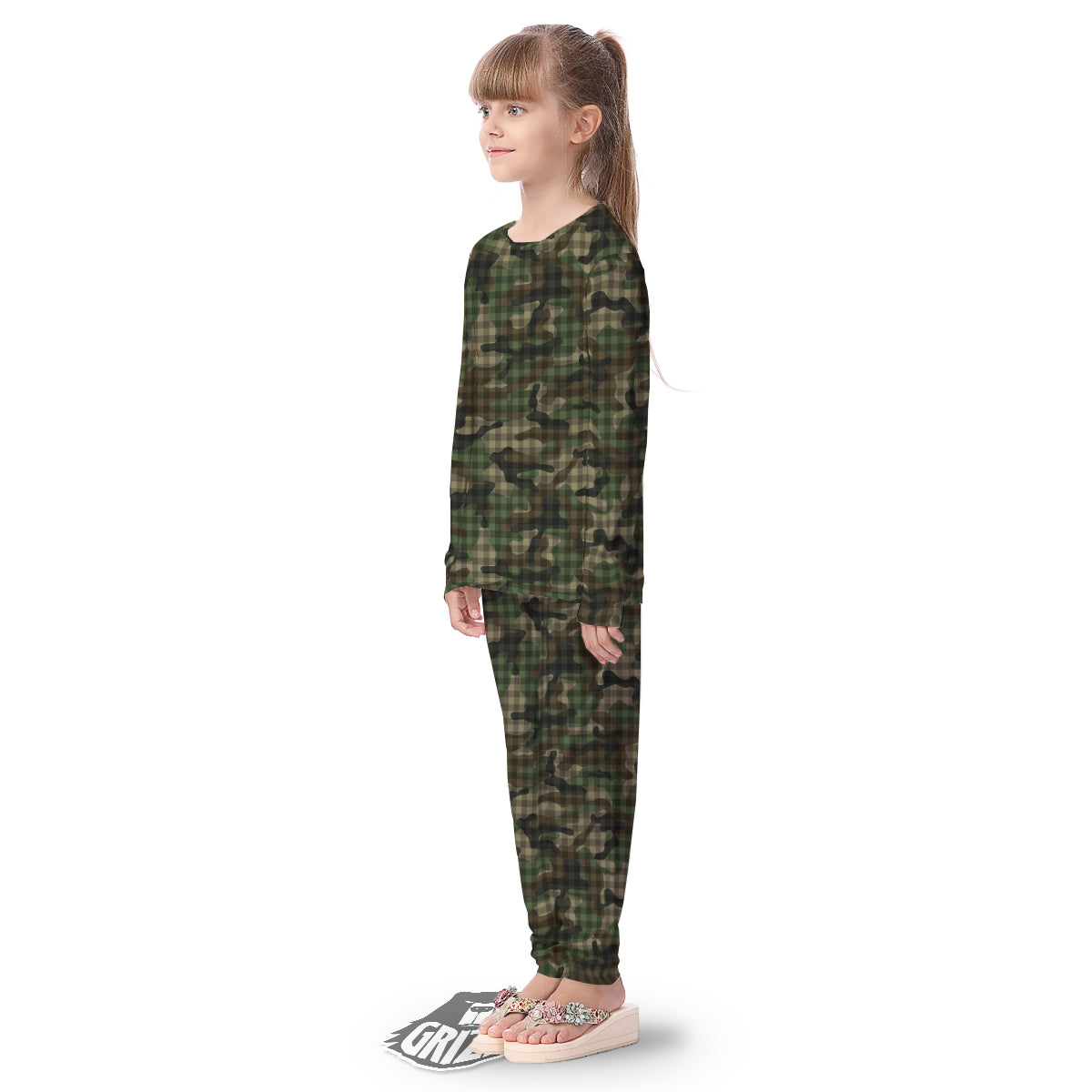Green Camouflage Army Plaid Print Pattern Kid's Pajamas-grizzshop