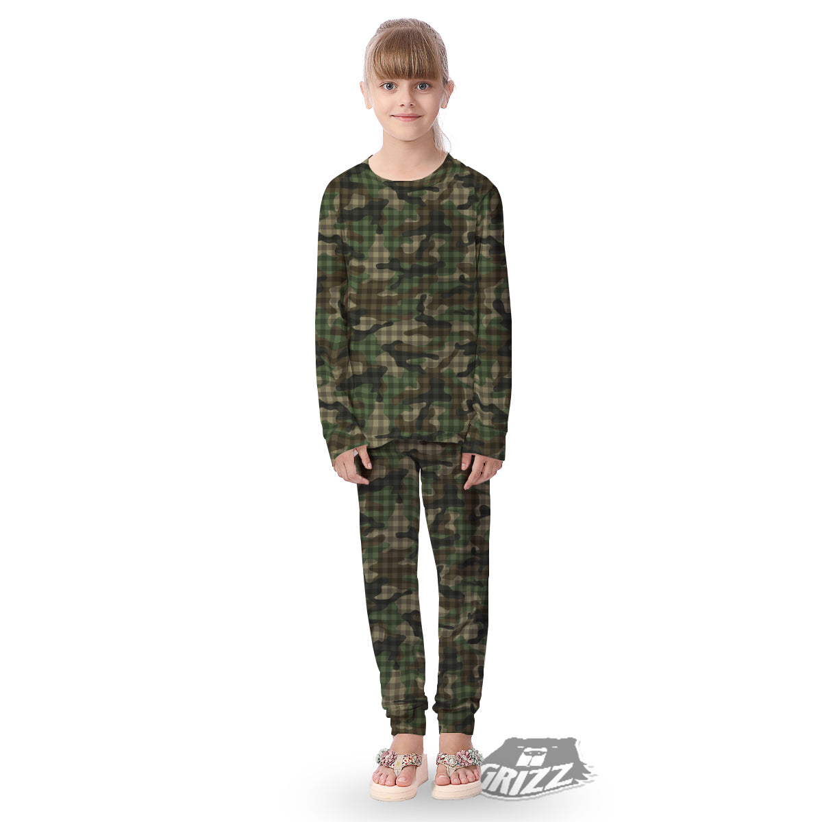 Green Camouflage Army Plaid Print Pattern Kid's Pajamas-grizzshop
