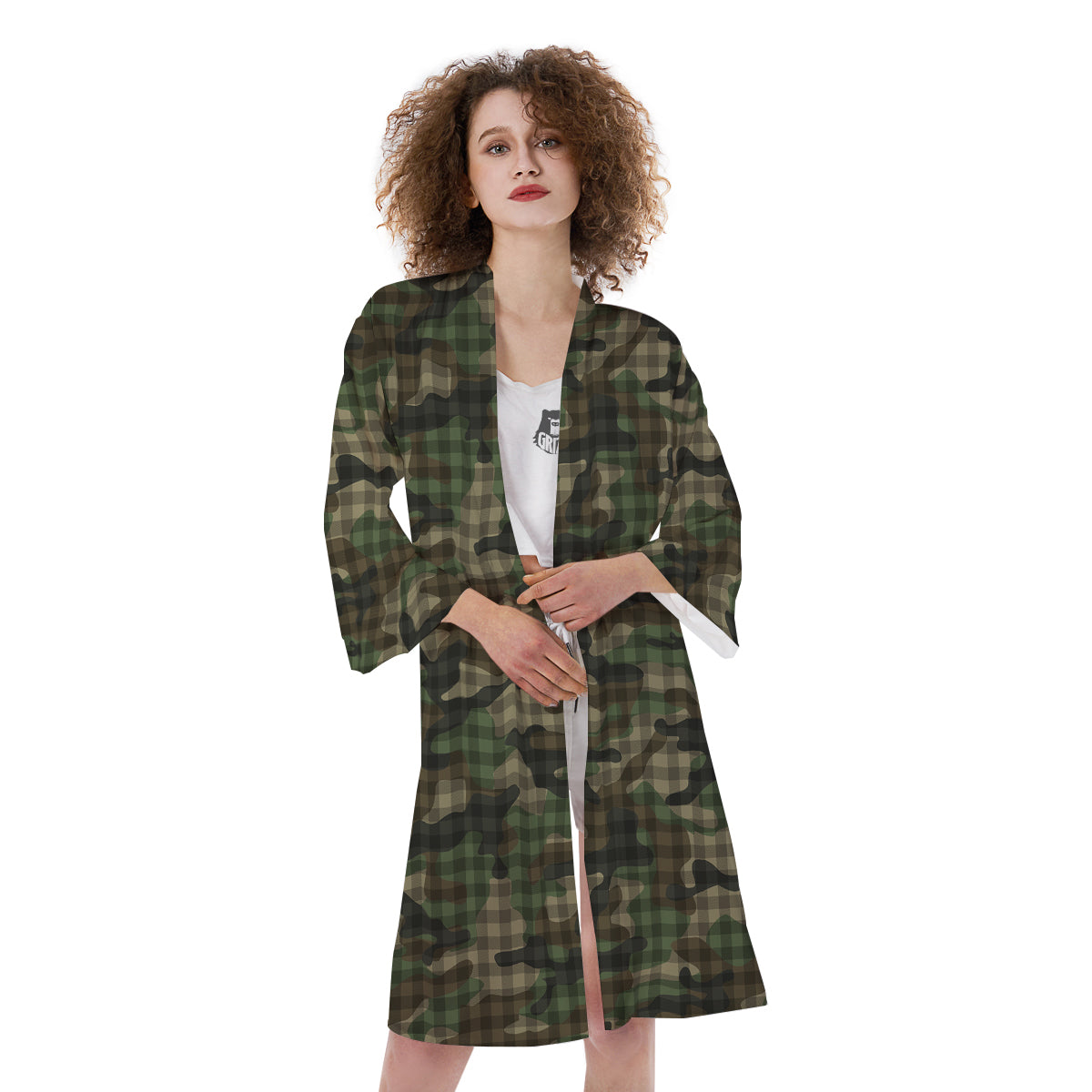 Green Camouflage Army Plaid Print Pattern Kimono-grizzshop