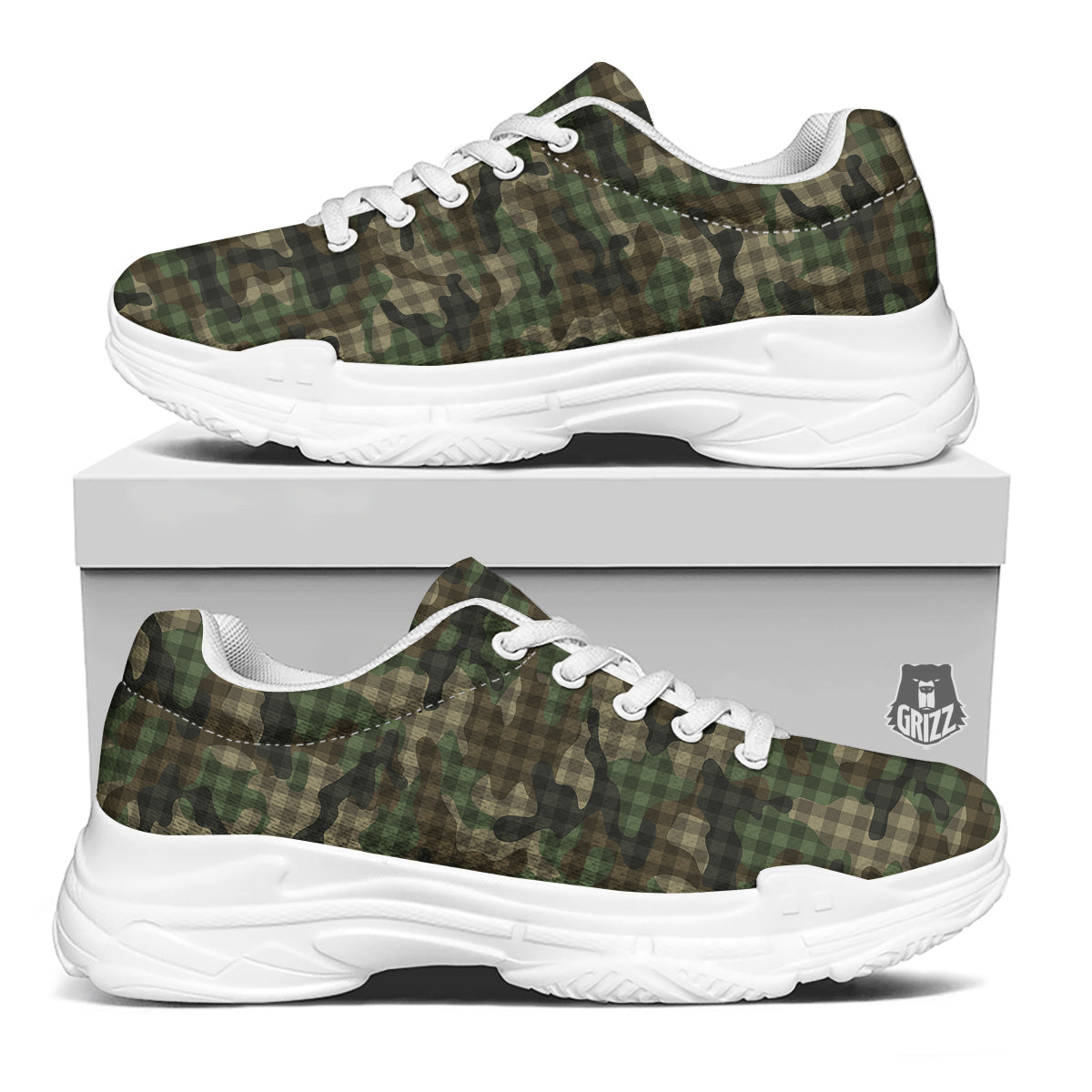 Green Camouflage Army Plaid Print Pattern White Chunky Shoes-grizzshop