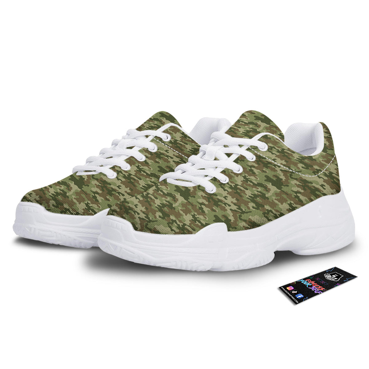 Green Camouflage Brown Print White Chunky Shoes-grizzshop