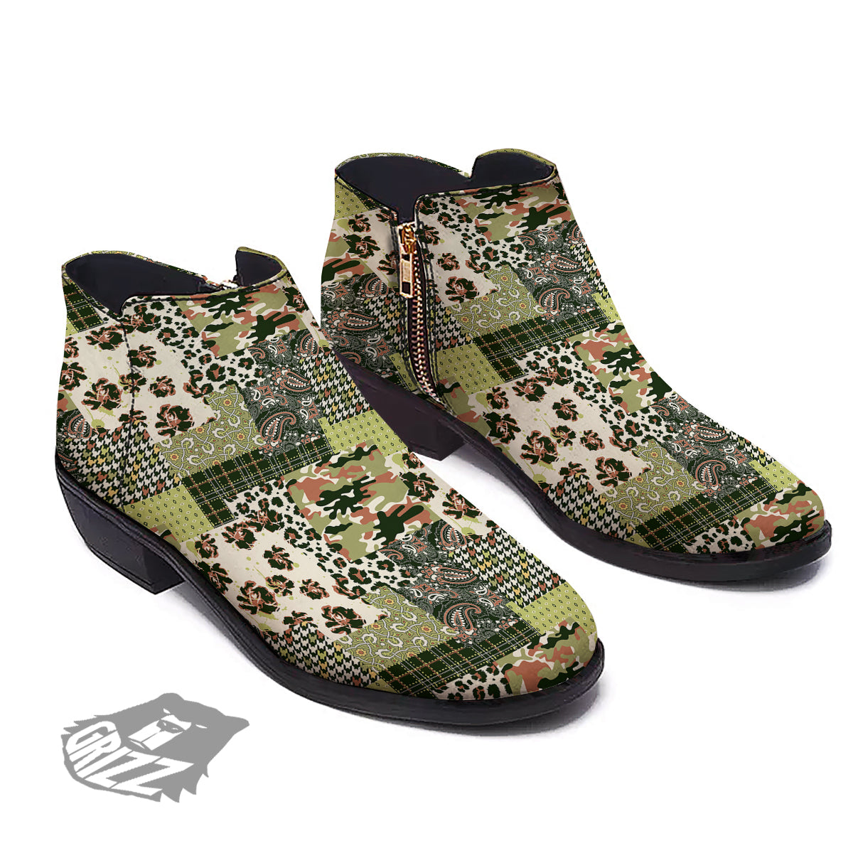 Green Camouflage Tartan Paisley Patchwork Print Pattern Ankle Boots-grizzshop