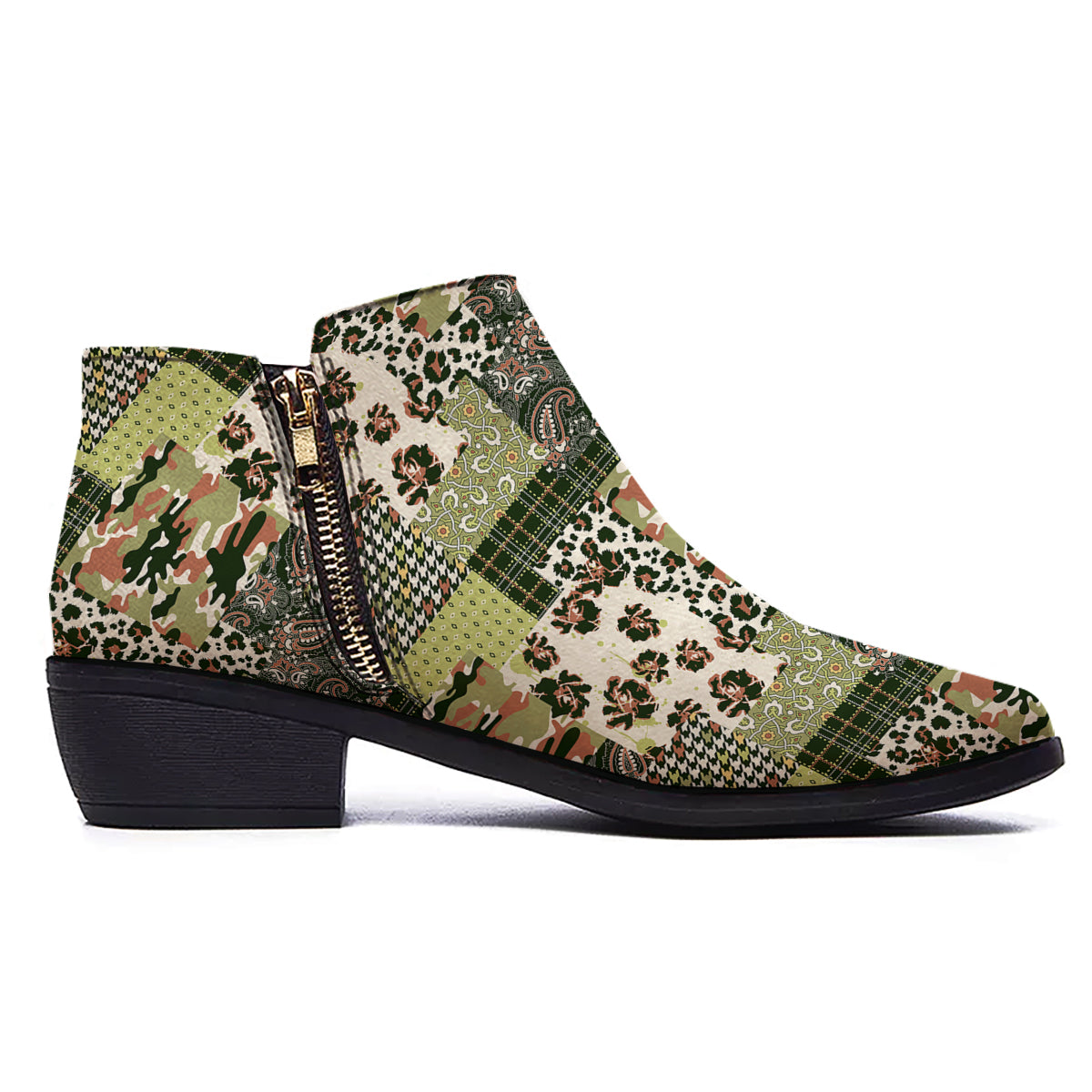 Green Camouflage Tartan Paisley Patchwork Print Pattern Ankle Boots-grizzshop