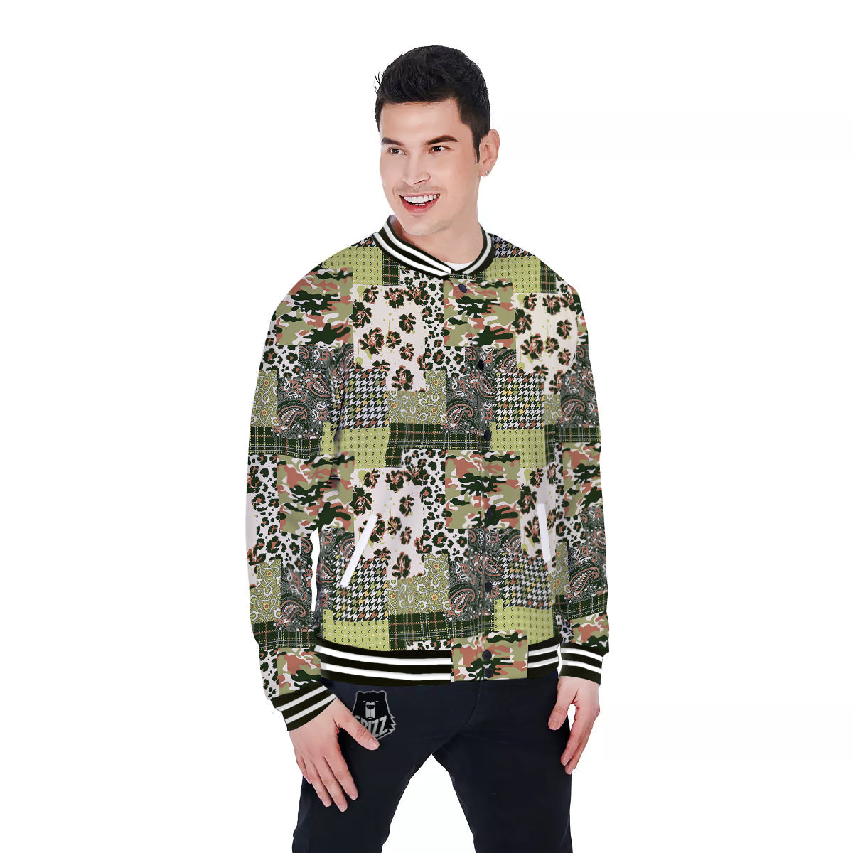 Green Camouflage Tartan Paisley Patchwork Print Pattern Baseball Jacket-grizzshop