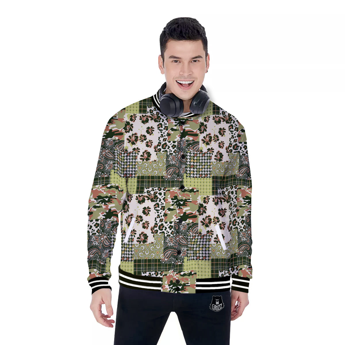 Green Camouflage Tartan Paisley Patchwork Print Pattern Baseball Jacket-grizzshop