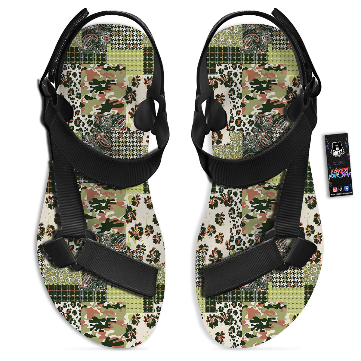Green Camouflage Tartan Paisley Patchwork Print Pattern Black Open Toe Sandals-grizzshop