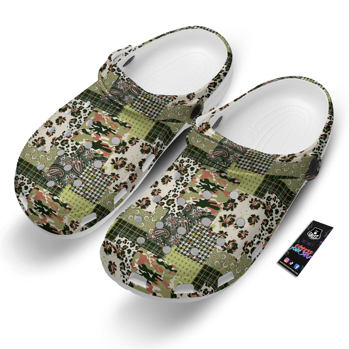 Green Camouflage Tartan Paisley Patchwork Print Pattern Clog-grizzshop