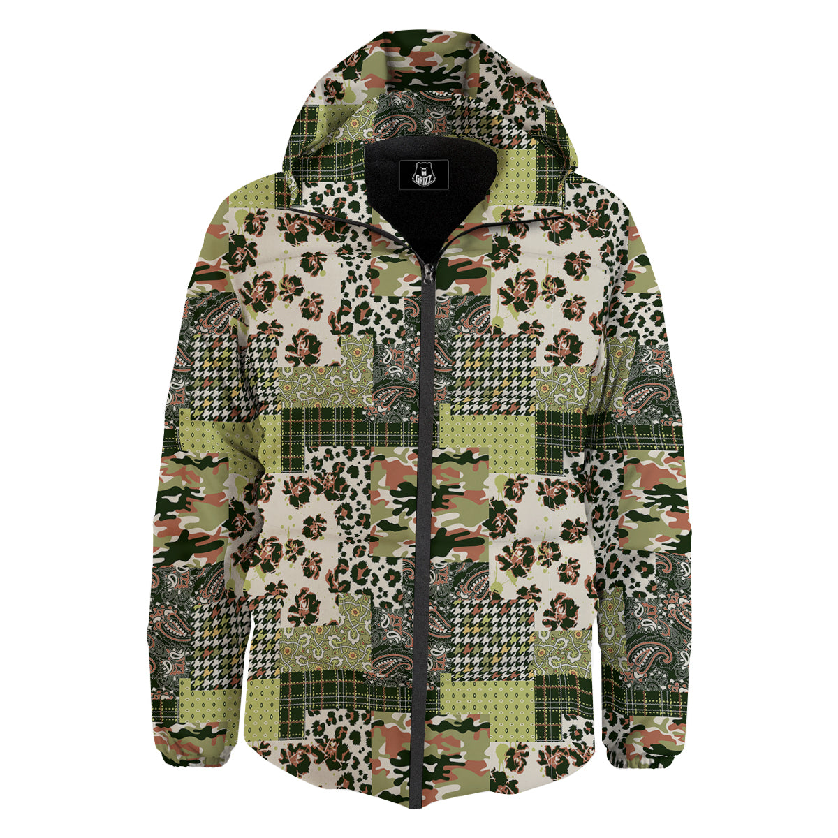 Green Camouflage Tartan Paisley Patchwork Print Pattern Down Jacket-grizzshop