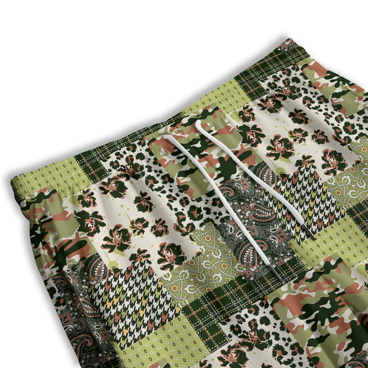 Green Camouflage Tartan Paisley Patchwork Print Pattern Men's Athletic Shorts