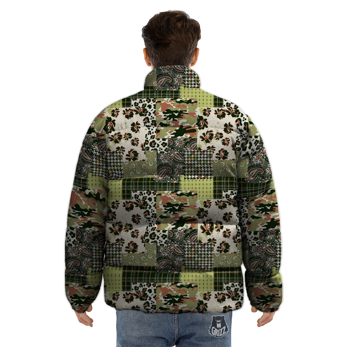 Green Camouflage Tartan Paisley Patchwork Print Pattern Puffer Jacket-grizzshop
