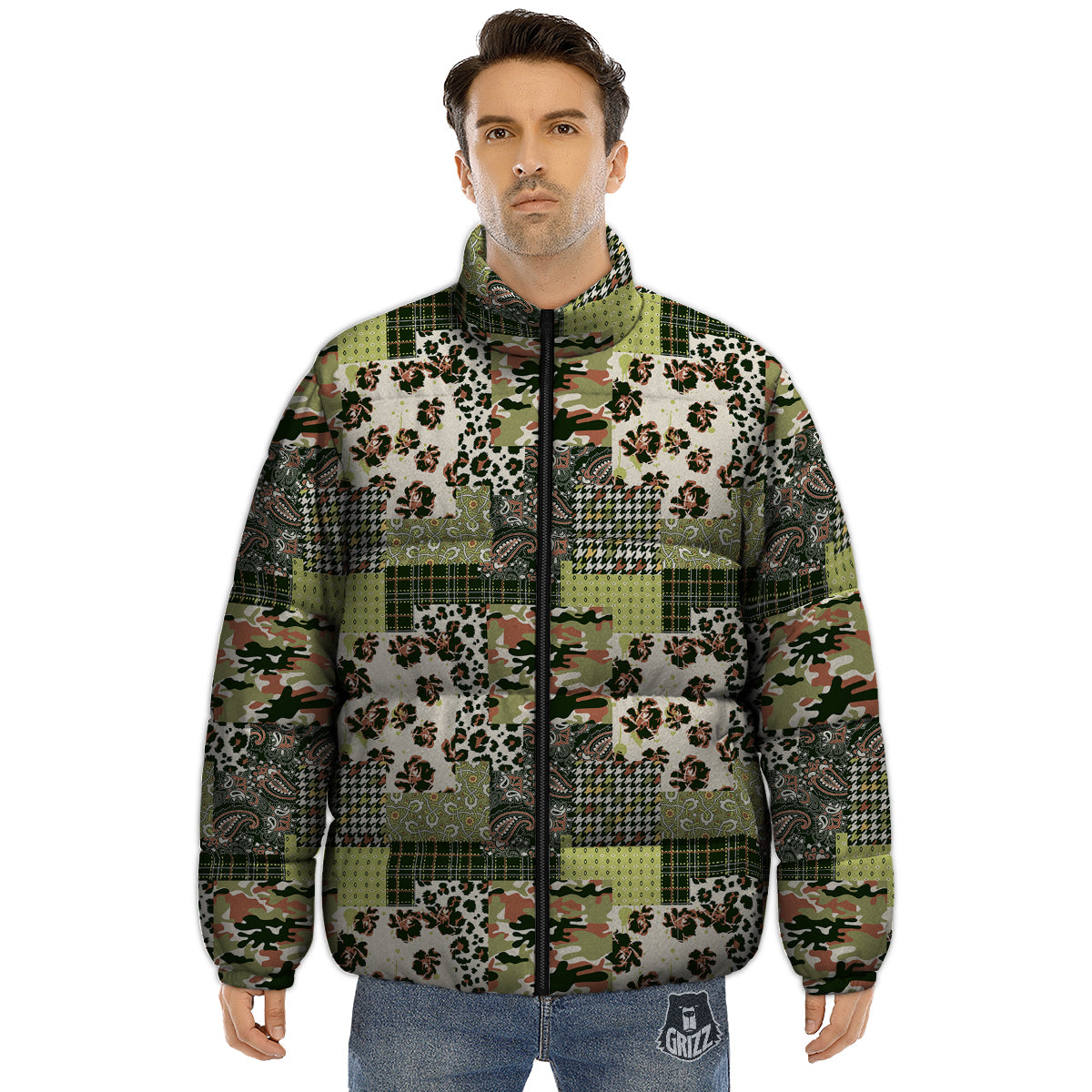 Green Camouflage Tartan Paisley Patchwork Print Pattern Puffer Jacket-grizzshop