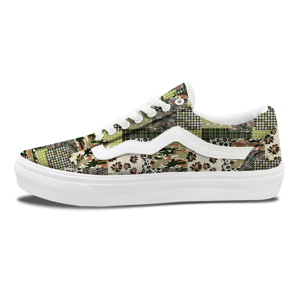 Green Camouflage Tartan Paisley Patchwork Print Pattern Skate Shoes-grizzshop
