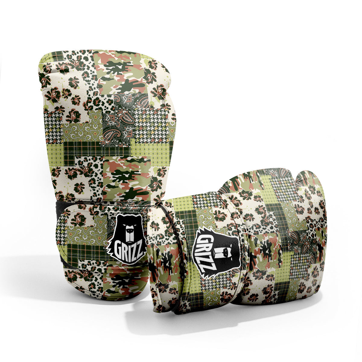 Green Camouflage Tartan Paisley Patchwork Print Pattern Pro Boxing Glove