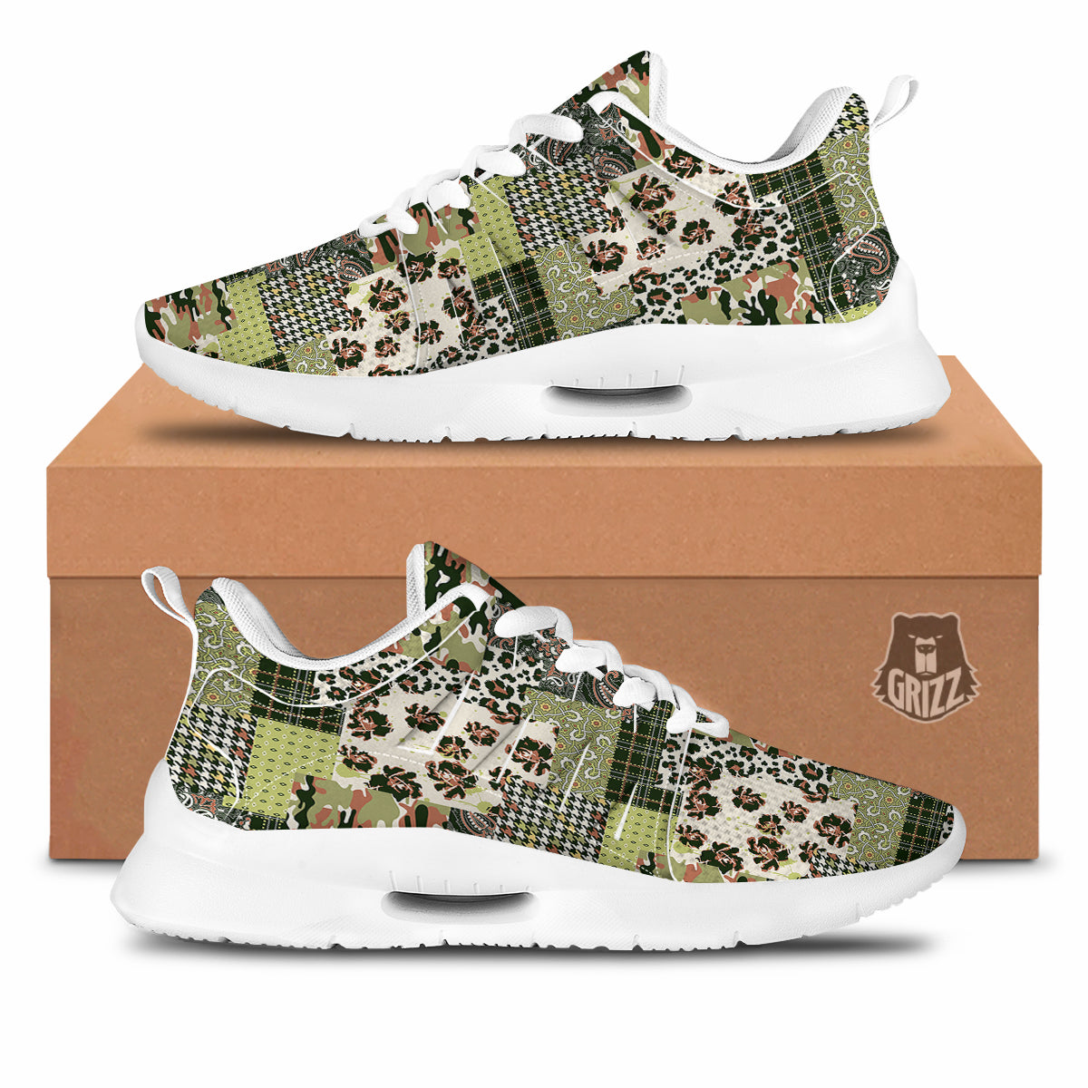 Green Camouflage Tartan Paisley Patchwork Print Pattern Tennis Shoes-grizzshop