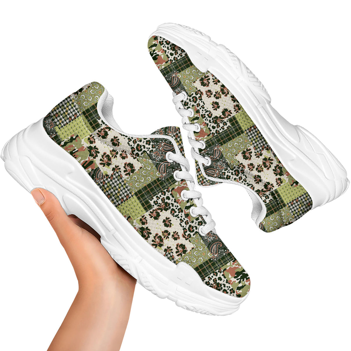 Green Camouflage Tartan Paisley Patchwork Print Pattern White Chunky Shoes-grizzshop