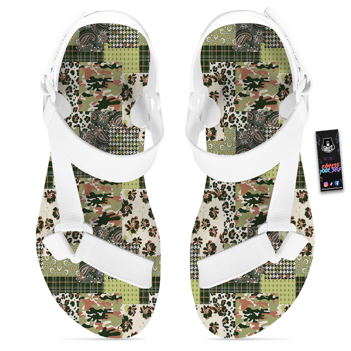 Green Camouflage Tartan Paisley Patchwork Print Pattern White Open Toe Sandals-grizzshop