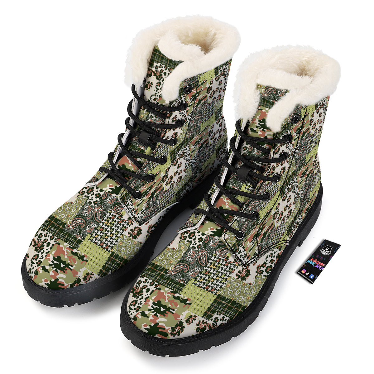 Green Camouflage Tartan Paisley Patchwork Print Pattern Winter Boots-grizzshop