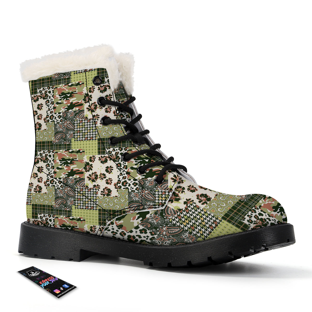 Green Camouflage Tartan Paisley Patchwork Print Pattern Winter Boots-grizzshop