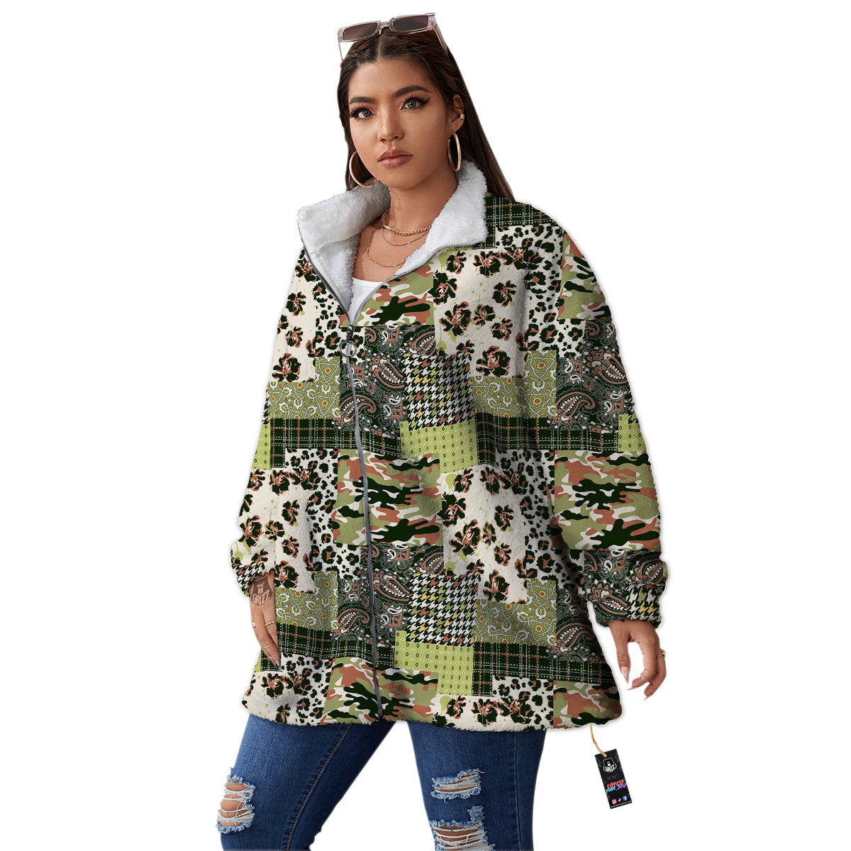 Green Camouflage Tartan Paisley Patchwork Print Pattern Women's Sherpa Jacket-grizzshop