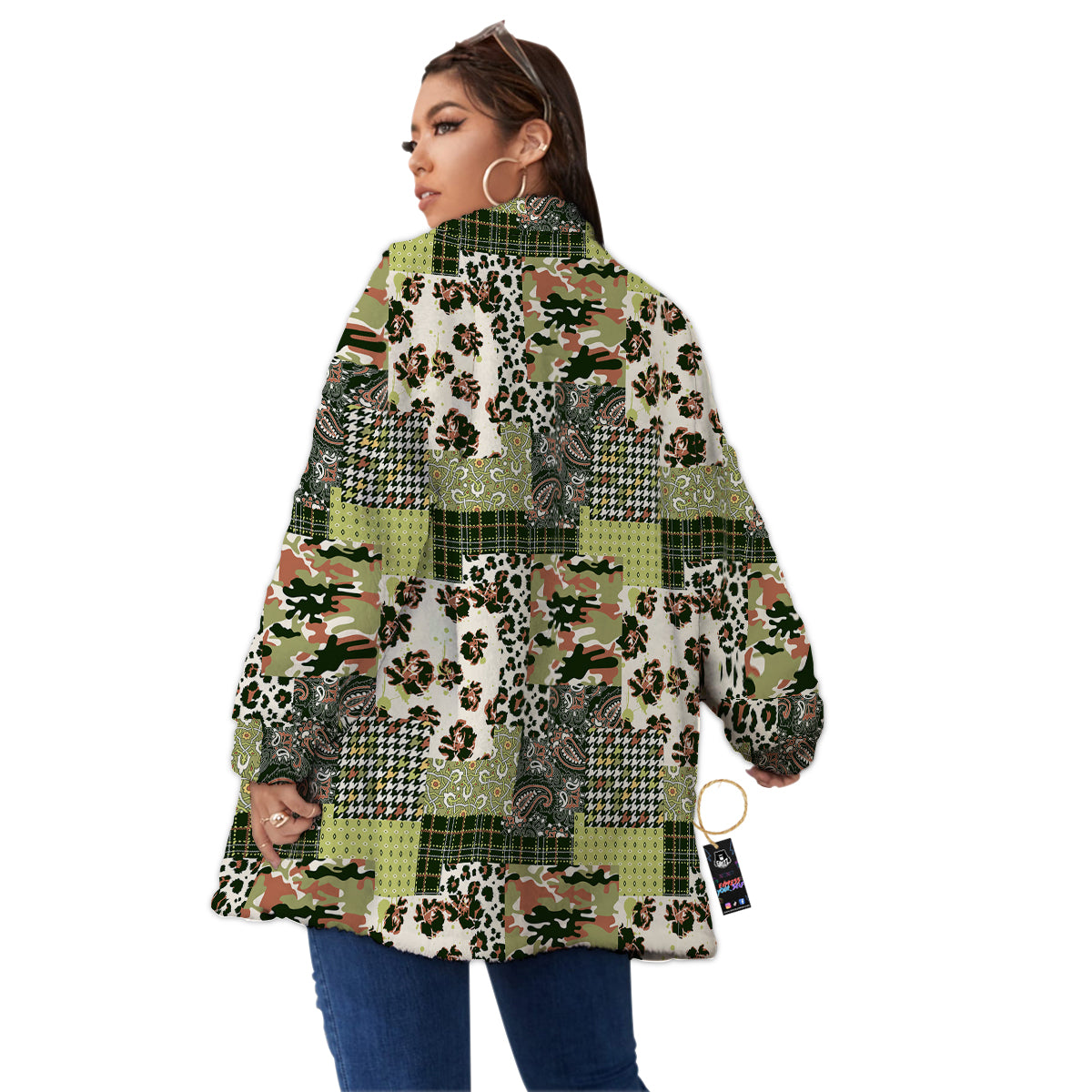 Green Camouflage Tartan Paisley Patchwork Print Pattern Women's Sherpa Jacket-grizzshop