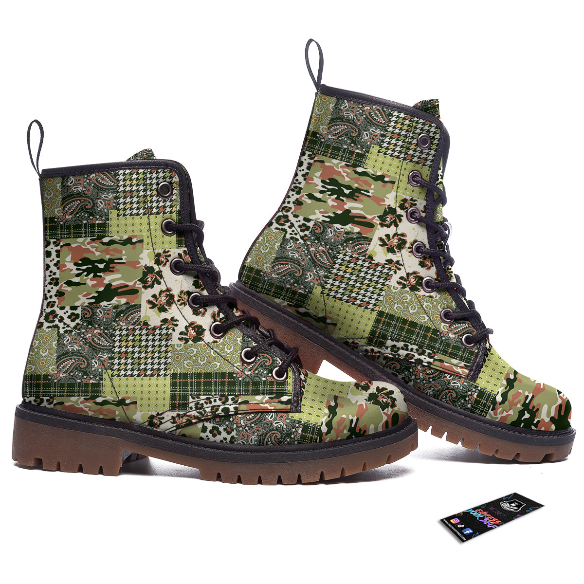 Green Camouflage Tartan Paisley Patchwork Print Pattern Work Boots-grizzshop