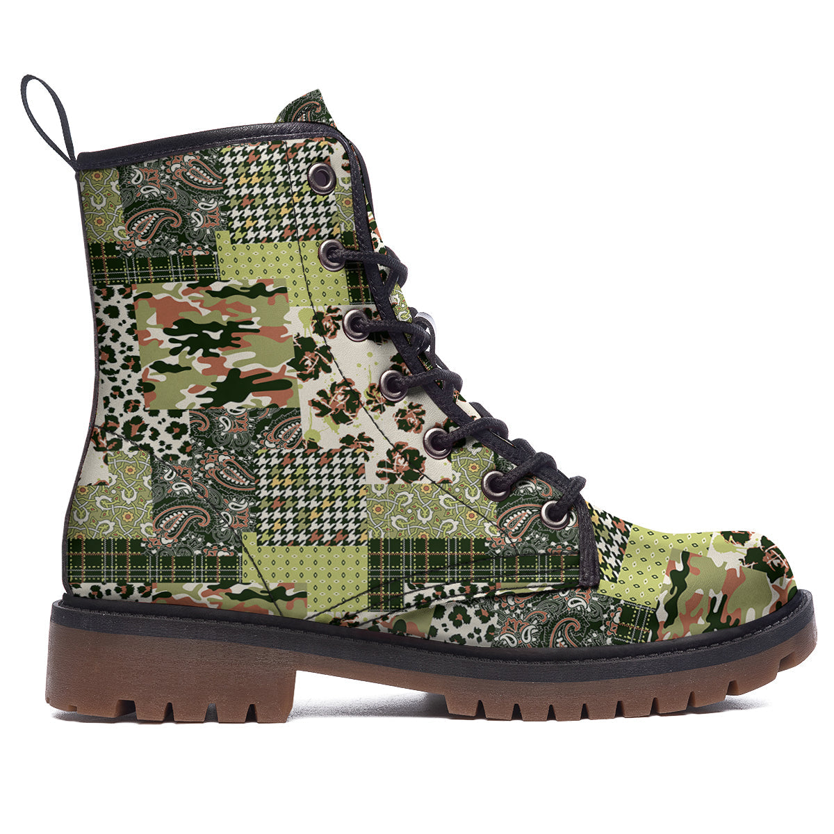 Green Camouflage Tartan Paisley Patchwork Print Pattern Work Boots-grizzshop