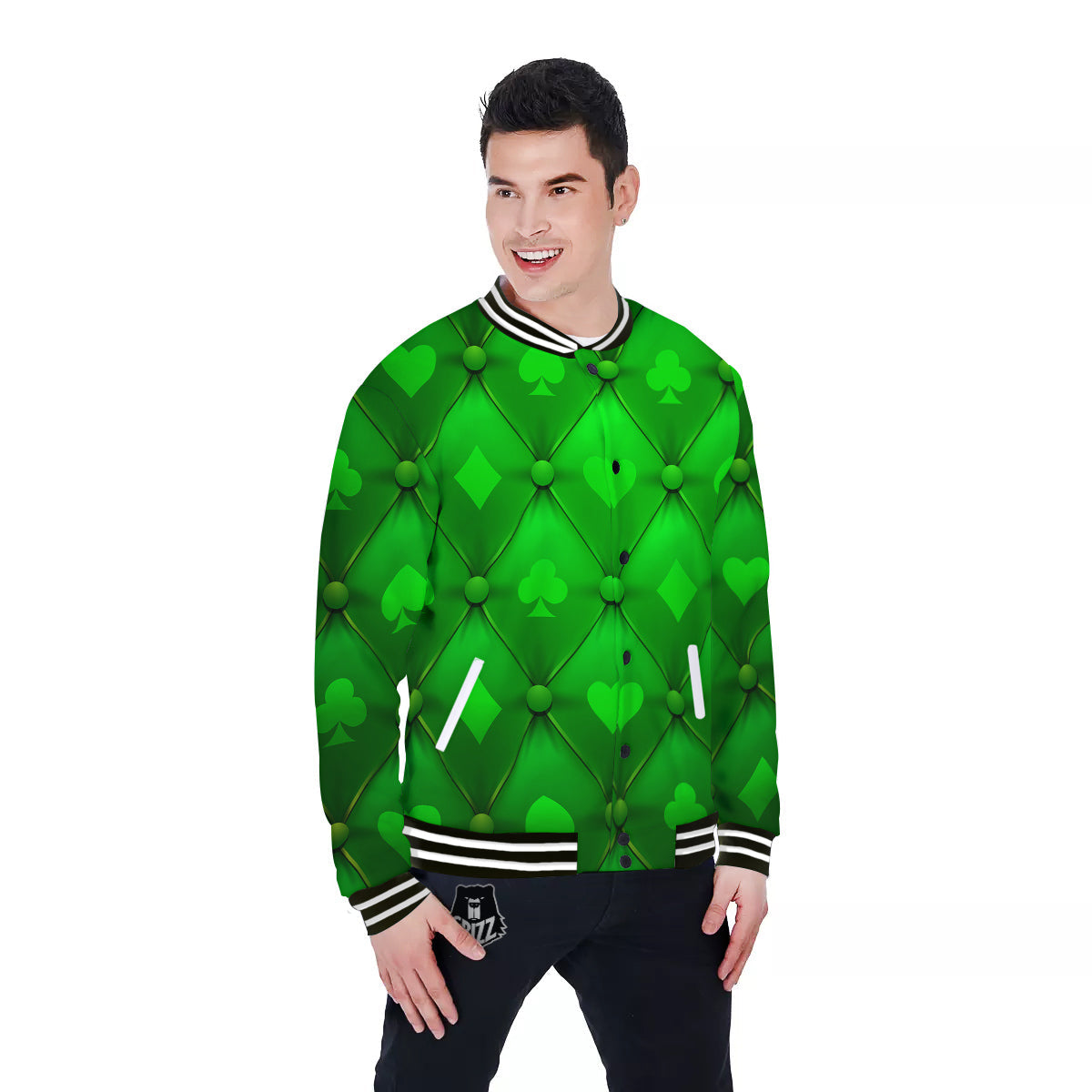 Green Casino Print Pattern Baseball Jacket-grizzshop