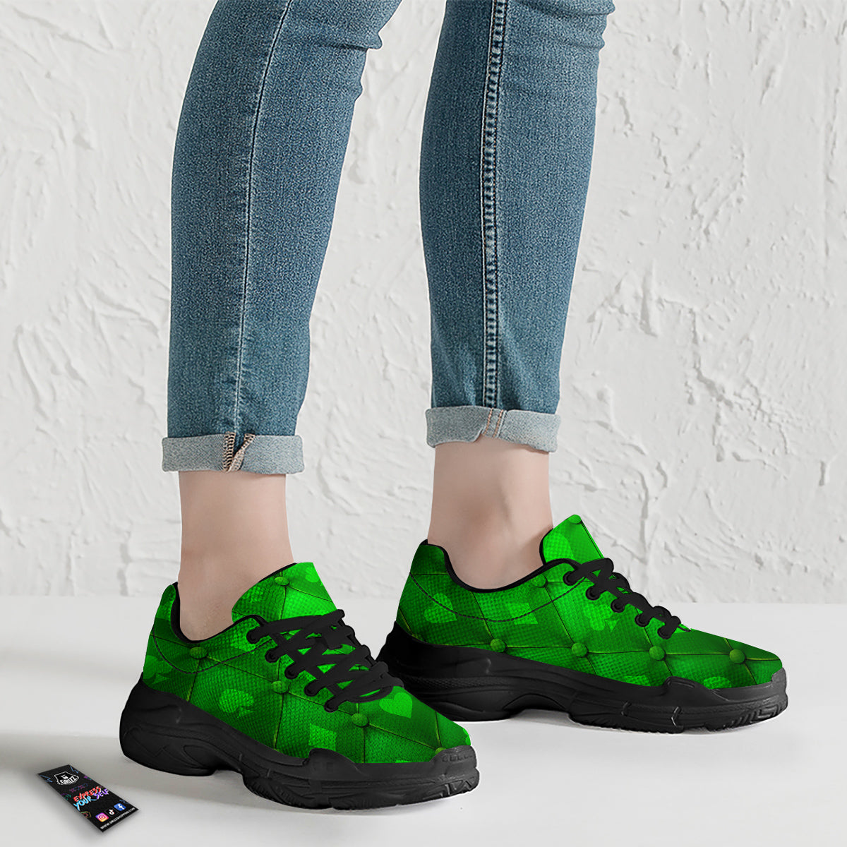 Green Casino Print Pattern Black Chunky Shoes-grizzshop