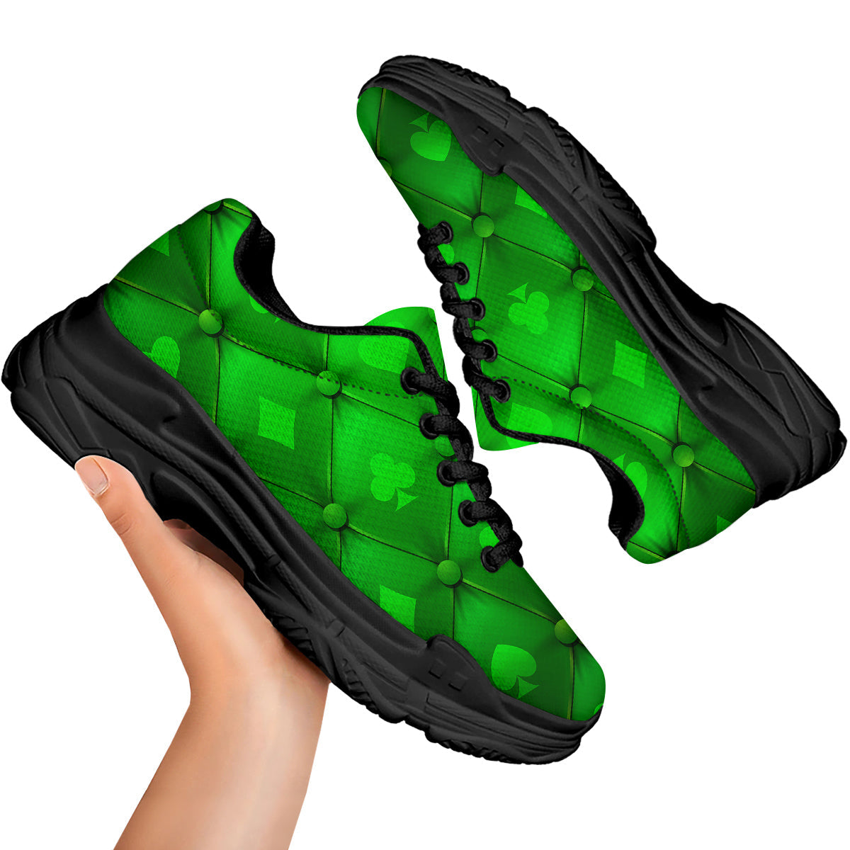 Green Casino Print Pattern Black Chunky Shoes-grizzshop