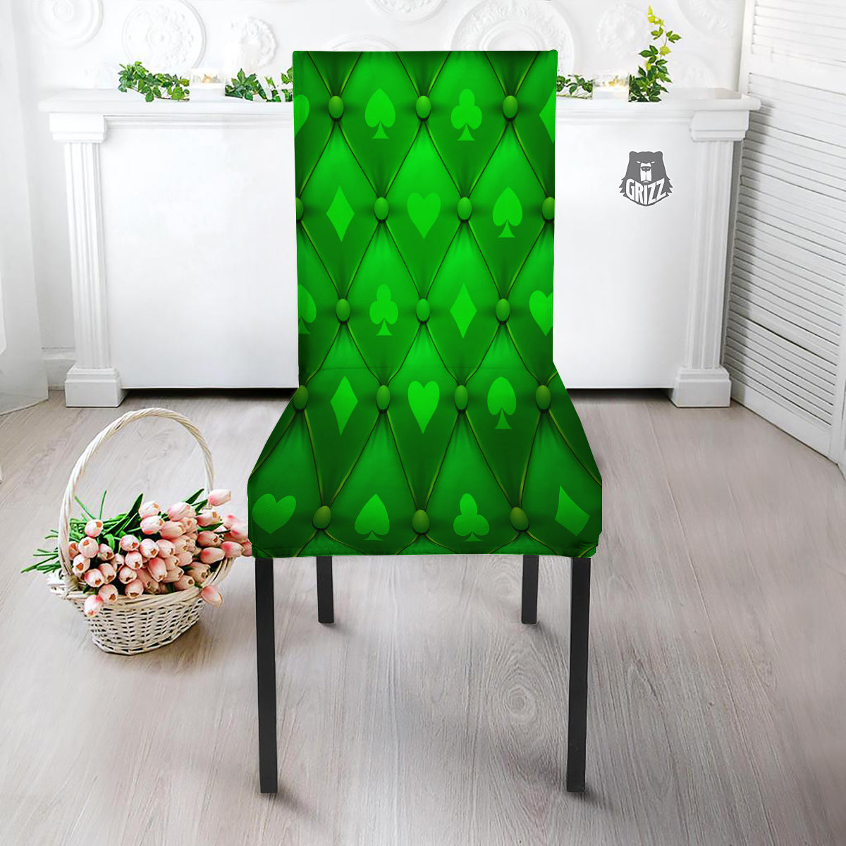Green Casino Print Pattern Dining Chair Slipcover-grizzshop