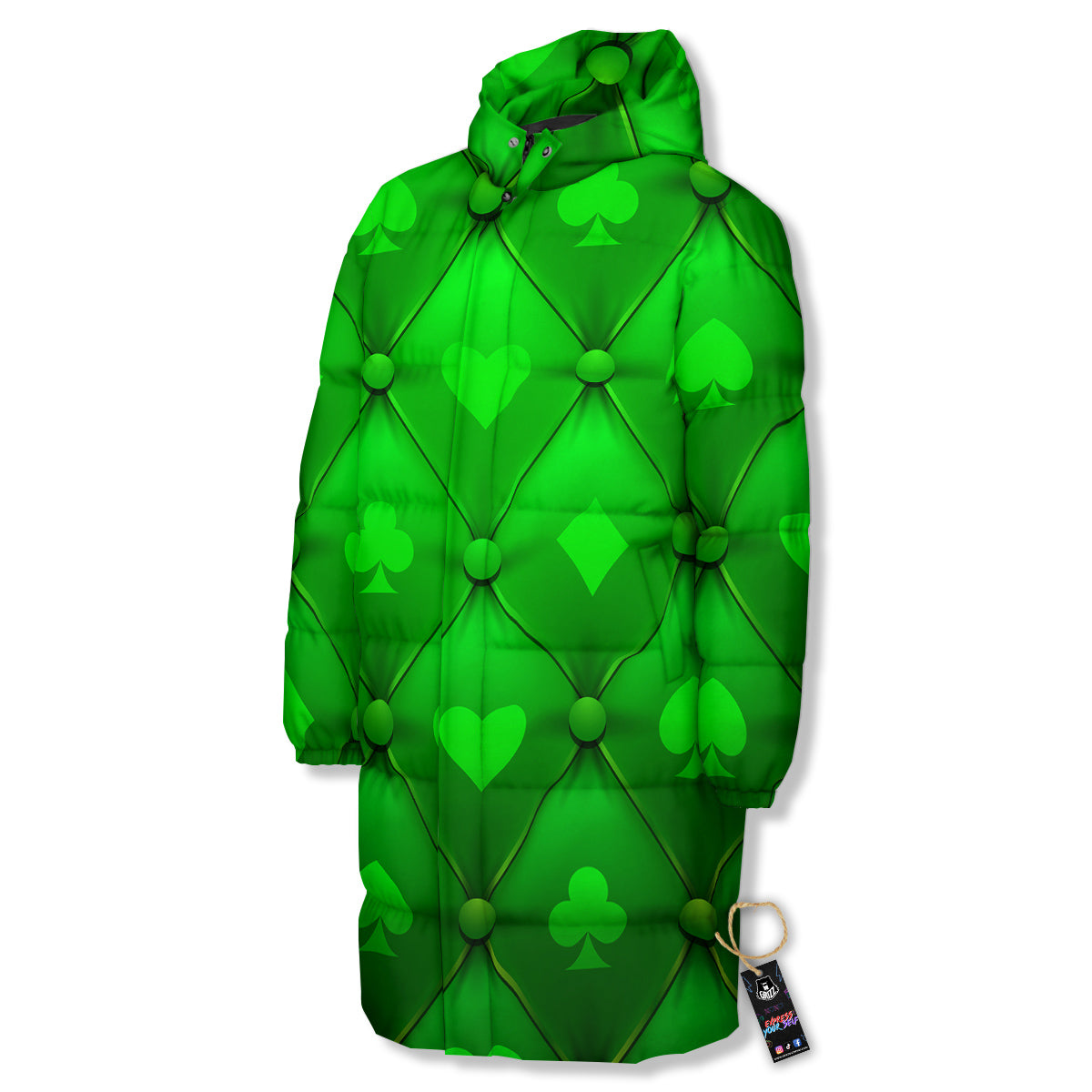 Green Casino Print Pattern Long Down Jacket-grizzshop