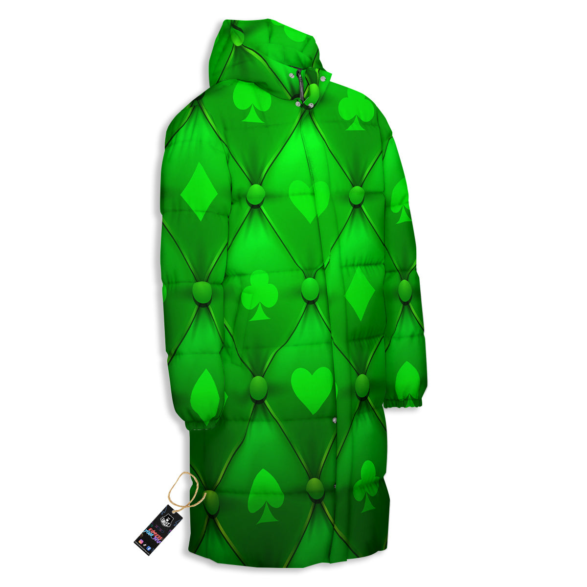 Green Casino Print Pattern Long Down Jacket-grizzshop