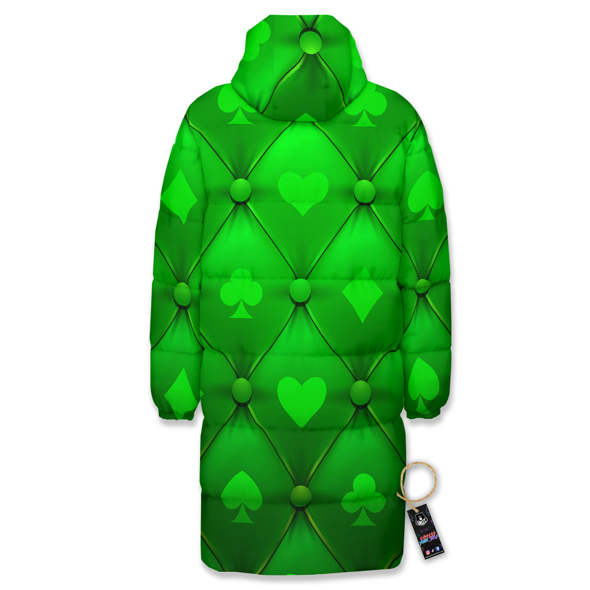 Green Casino Print Pattern Long Down Jacket-grizzshop